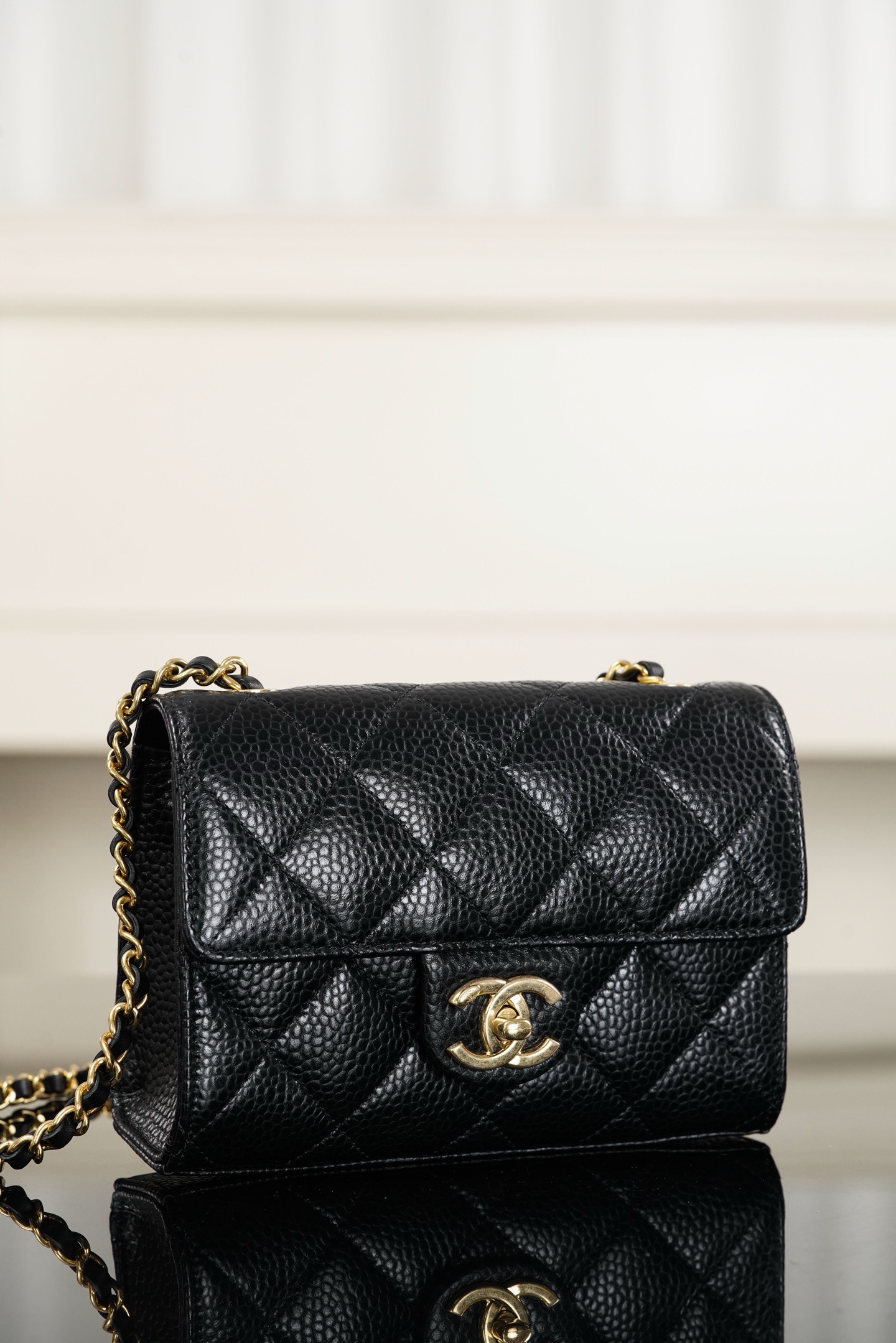 Chanel 26C mini CF black gold grained calfskin crossbody bag