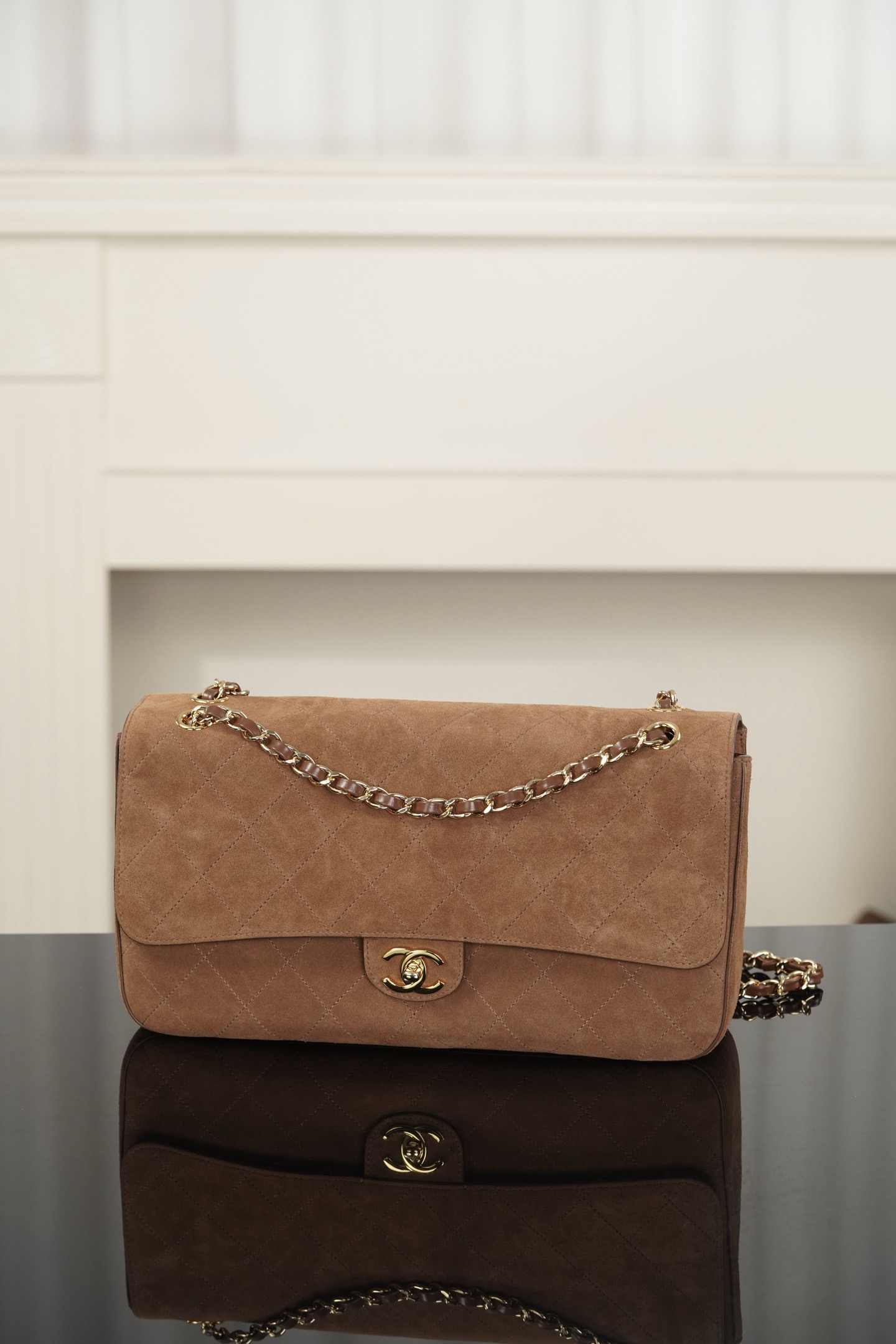 Chanel 26S CF caramel suede crossbody bag