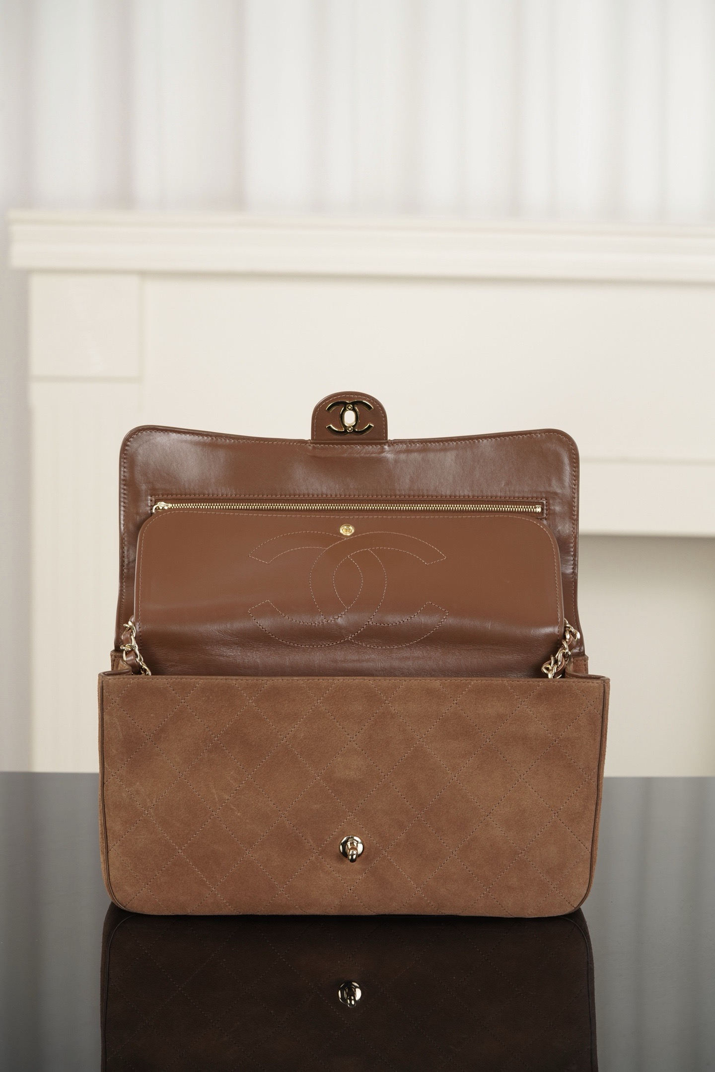 Chanel 26S CF caramel suede crossbody bag