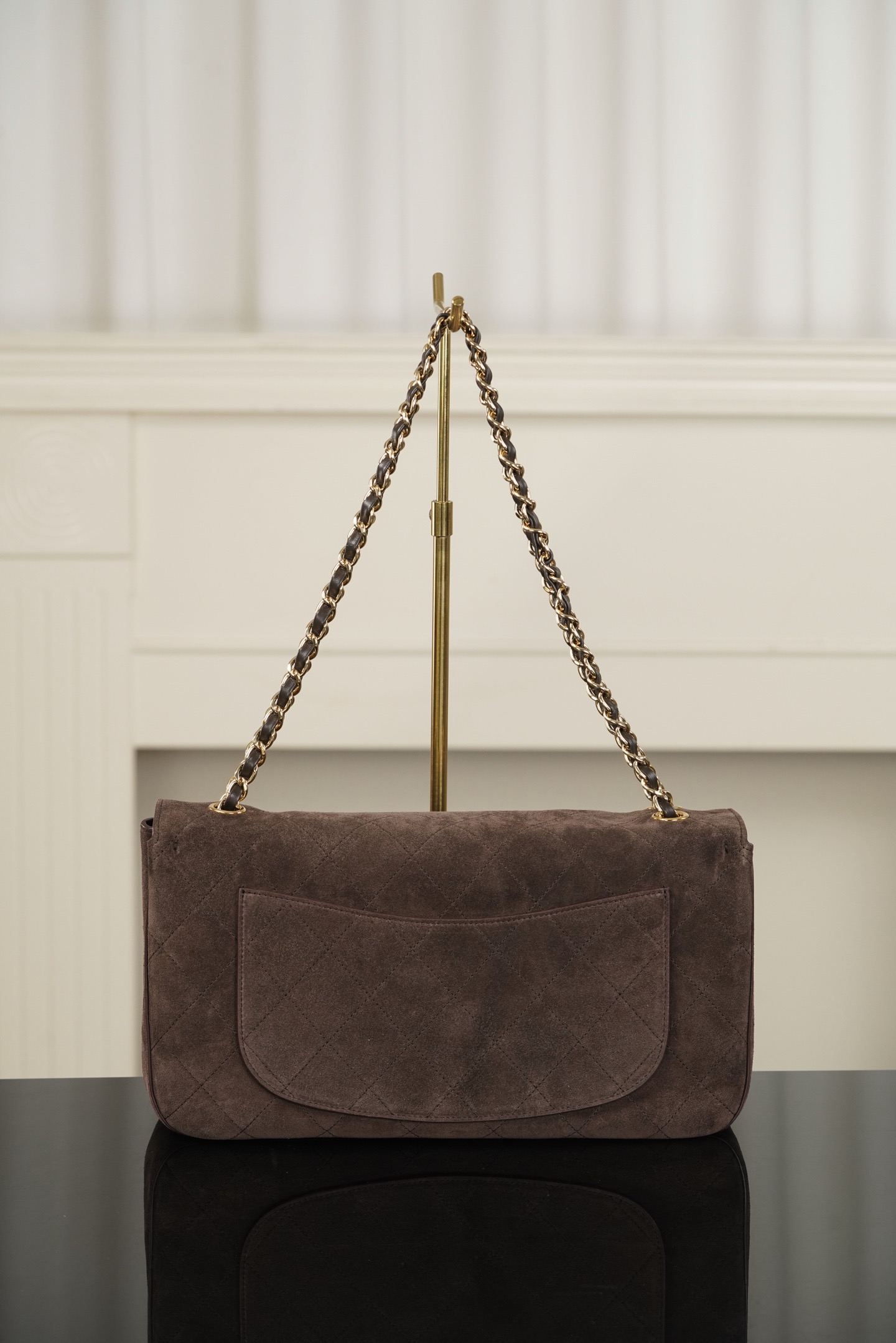 26S large dark brown suede quilted CF flap bag