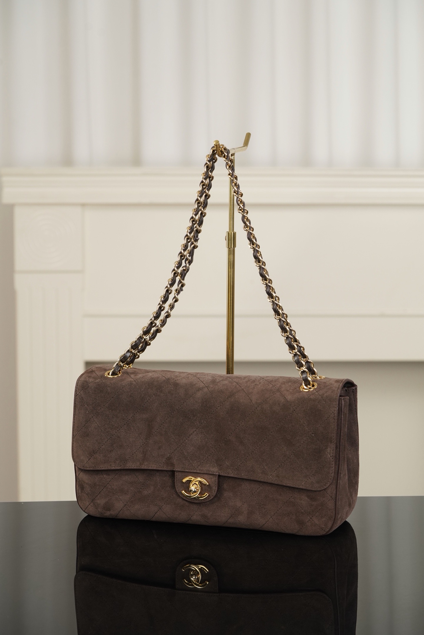 26S large dark brown suede quilted CF flap bag