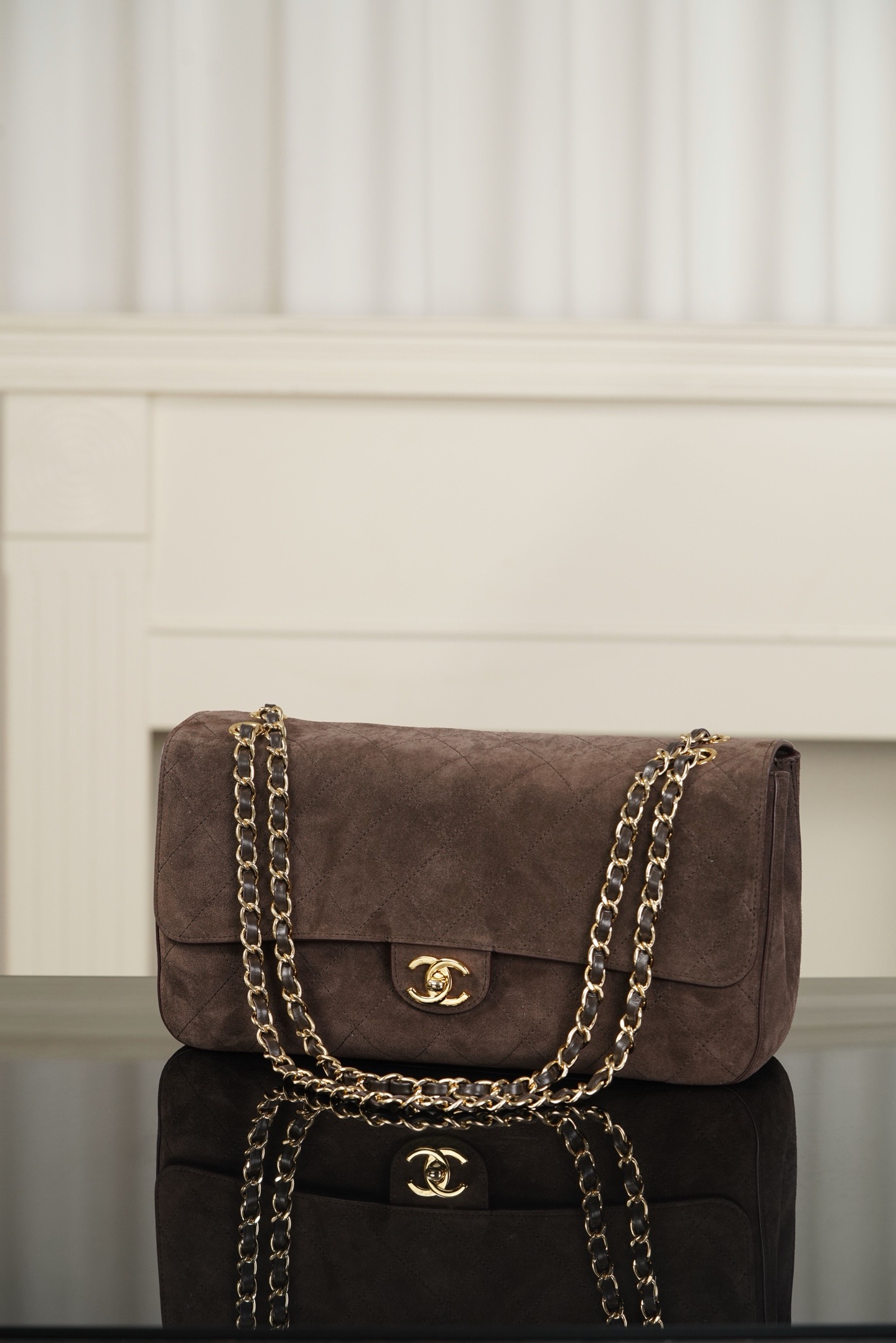 26S large dark brown suede quilted CF flap bag