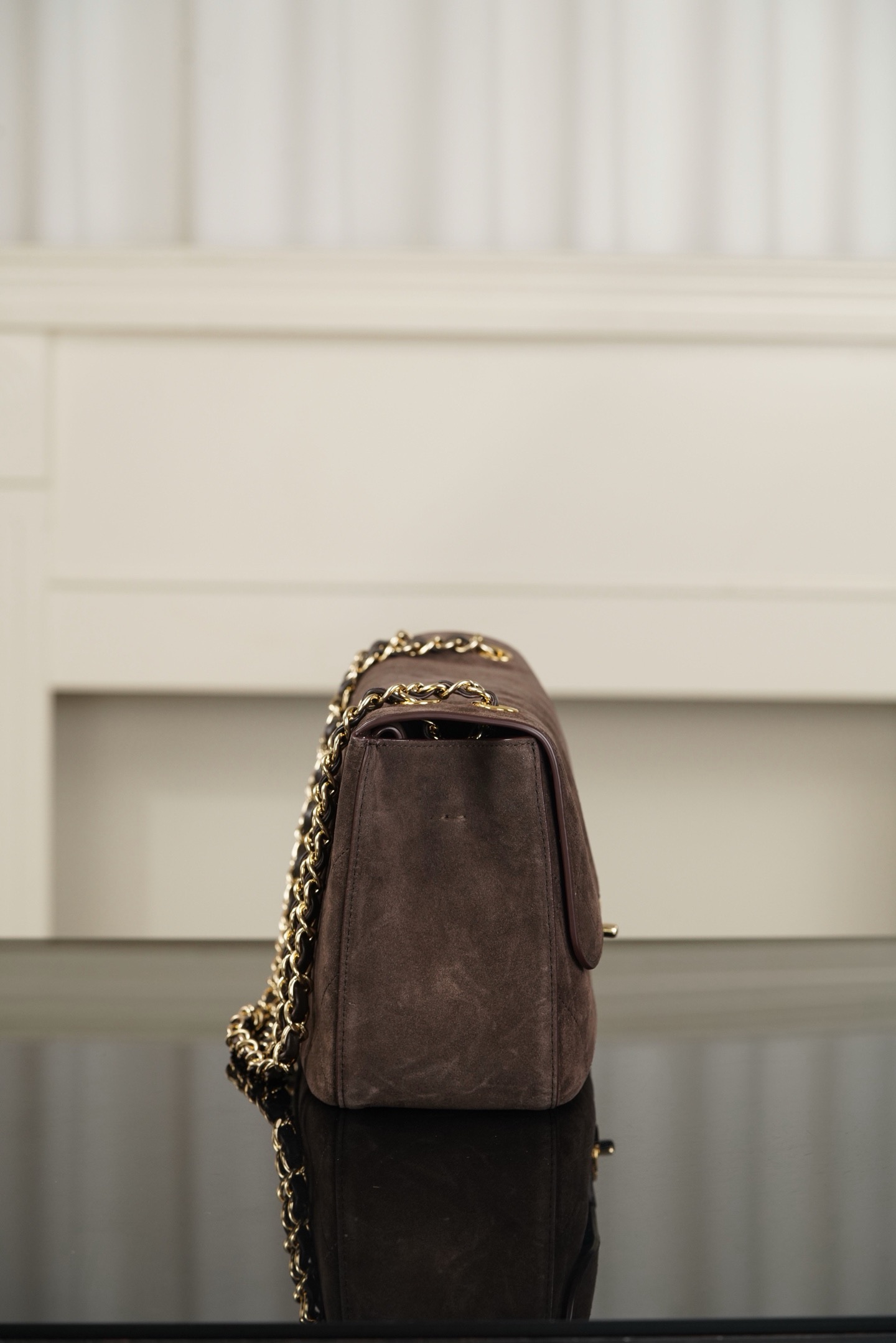 26S large dark brown suede quilted CF flap bag