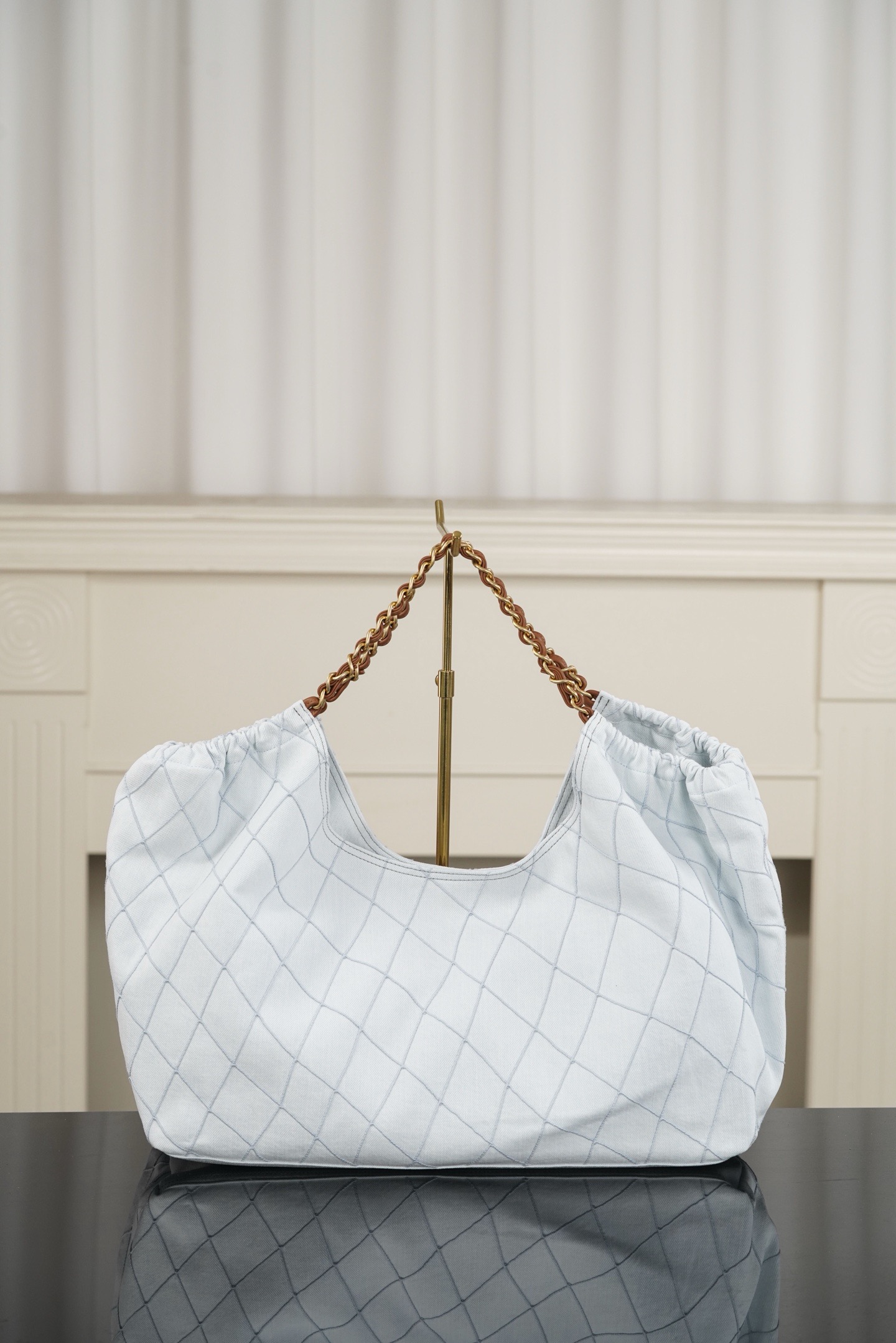 Chanel 26M Coco Beach light blue quilted canvas vacation tote bag