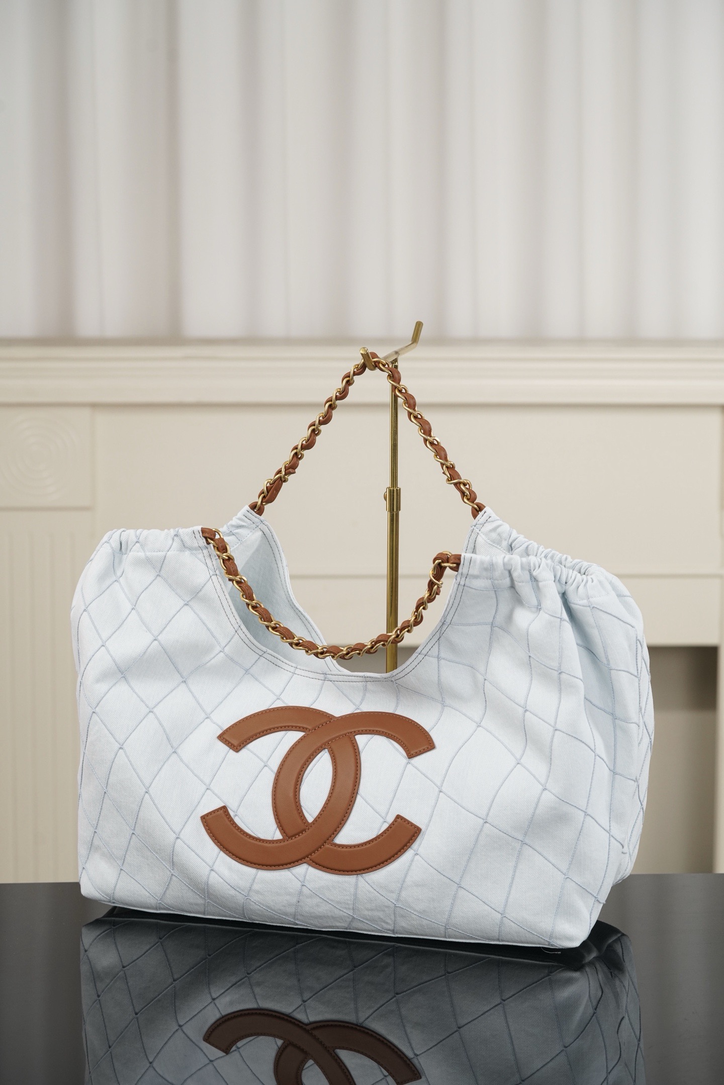 Chanel 26M Coco Beach light blue quilted canvas vacation tote bag