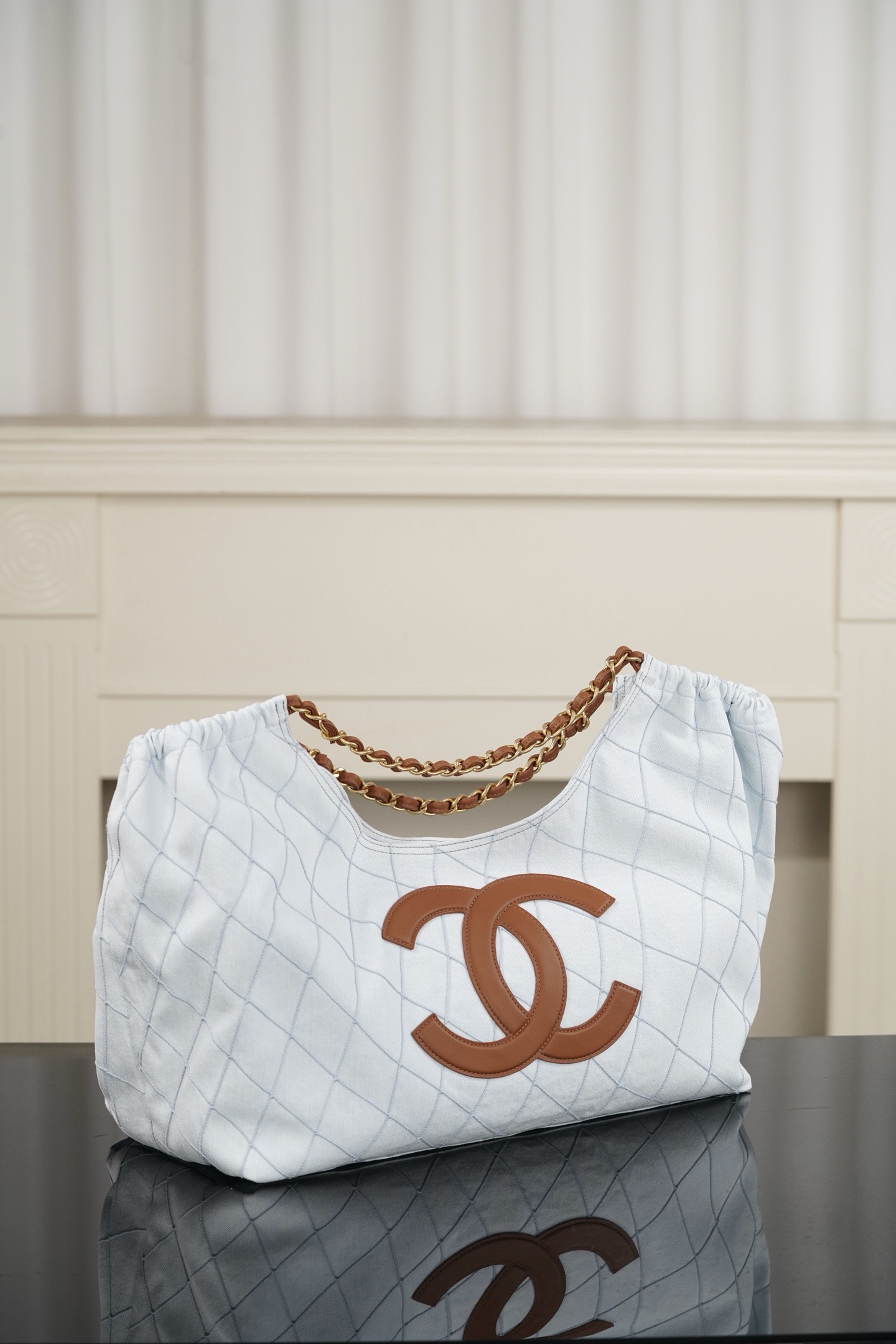 Chanel 26M Coco Beach light blue quilted canvas vacation tote bag