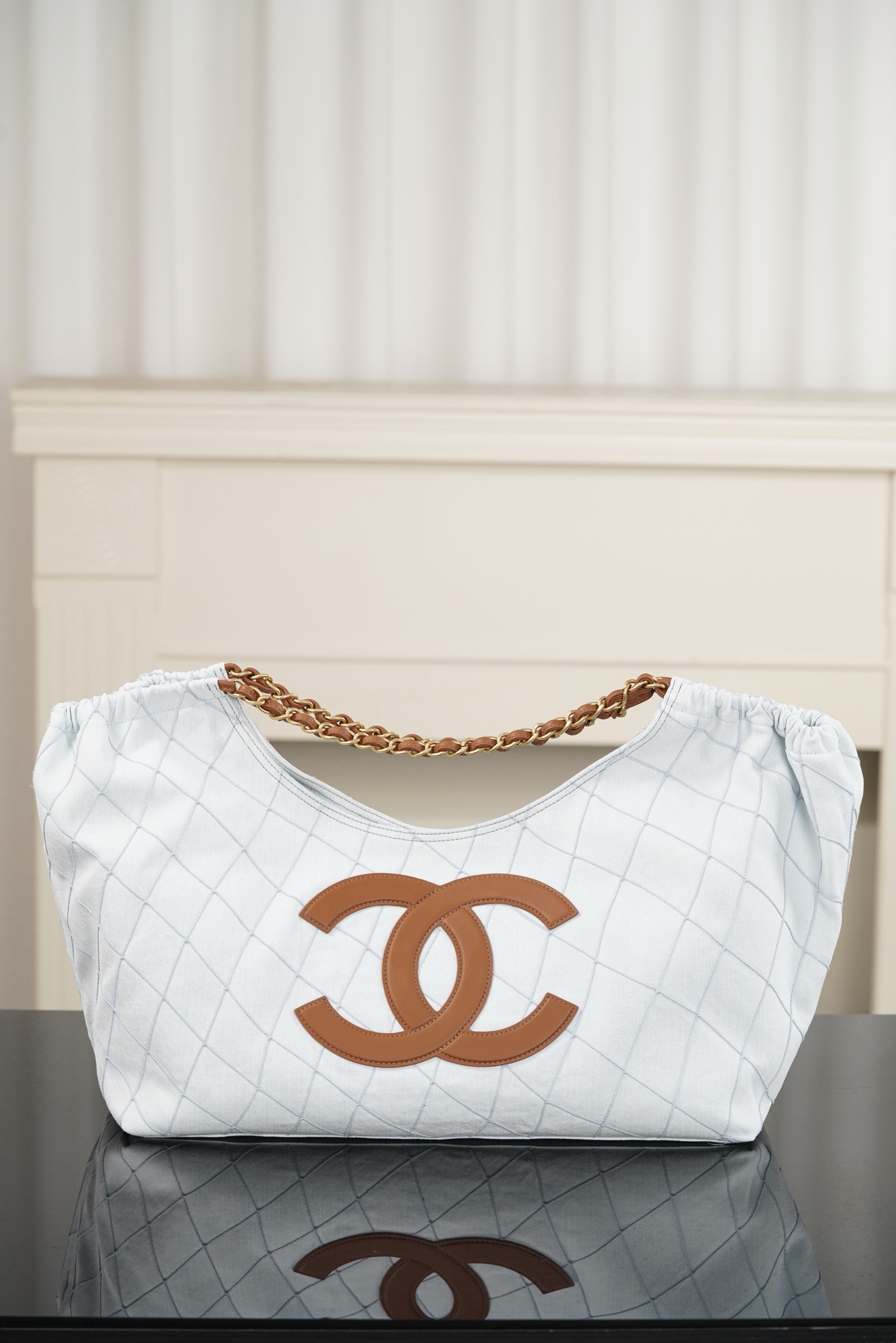 Chanel 26M Coco Beach light blue quilted canvas vacation tote bag