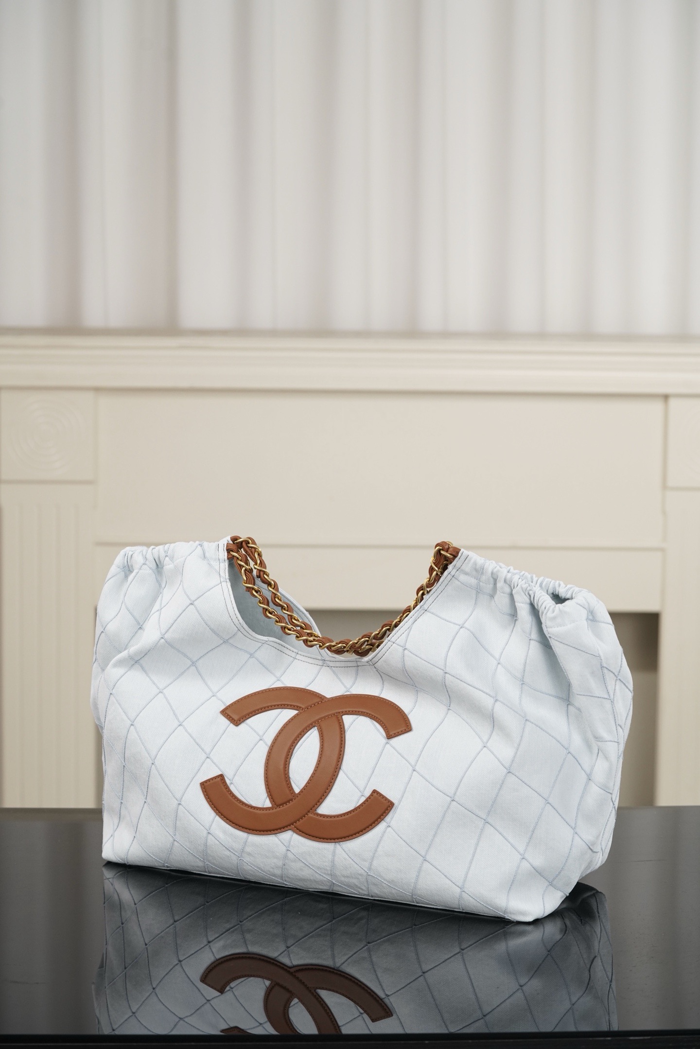 Chanel 26M Coco Beach light blue quilted canvas vacation tote bag