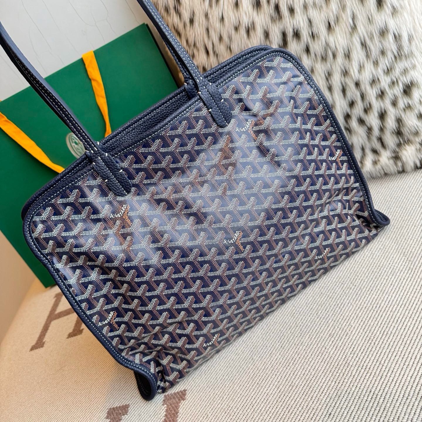 Goyard Hardy blue monogram canvas calfskin tote bag
