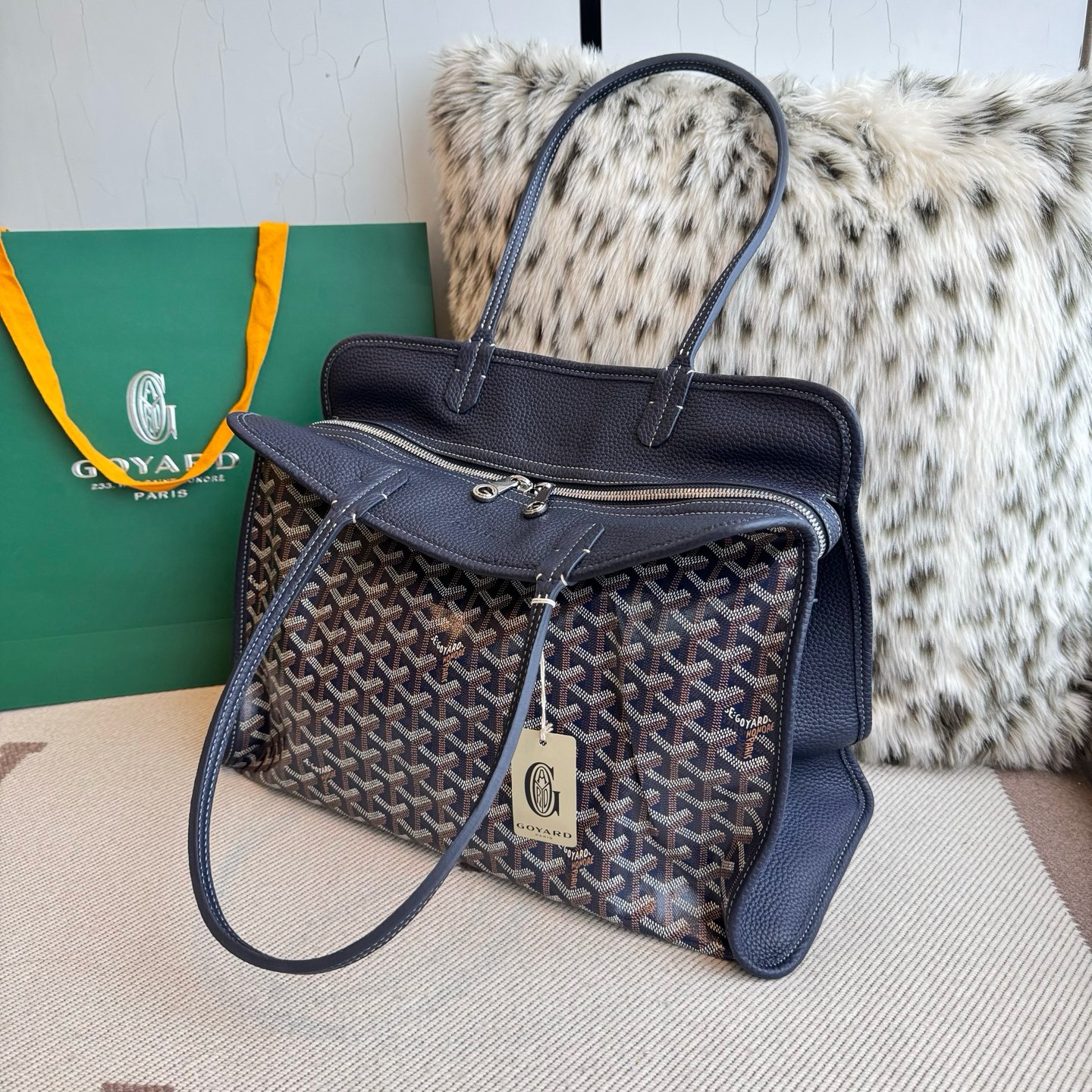 Goyard Hardy blue monogram canvas calfskin tote bag