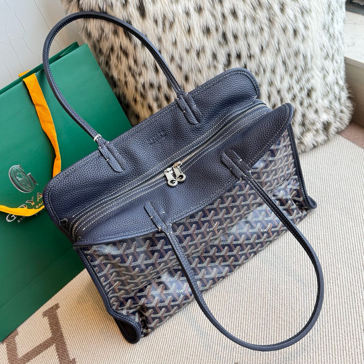 Goyard Hardy blue monogram canvas calfskin tote bag