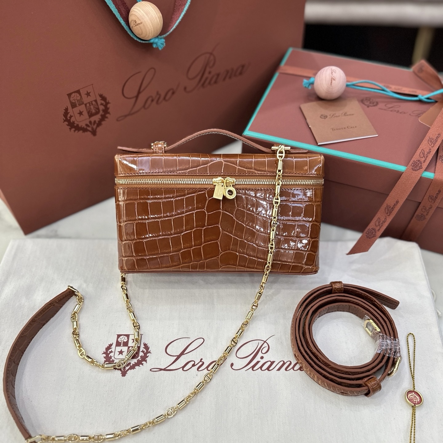 Loro Piana L19 honey brown alligator leather handbag