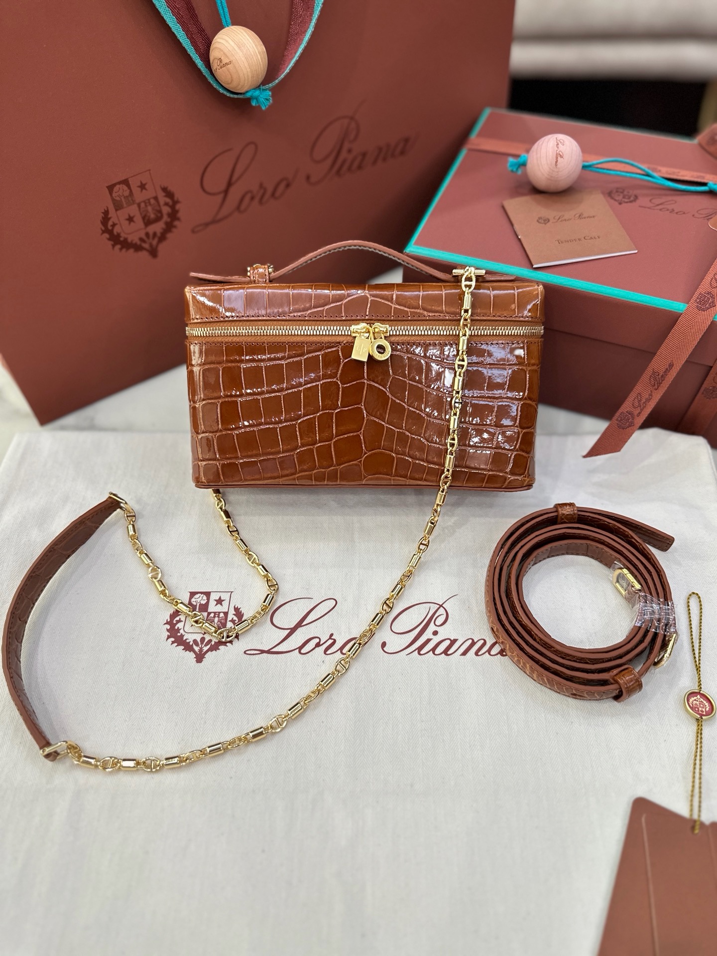 Loro Piana L19 honey brown alligator leather handbag