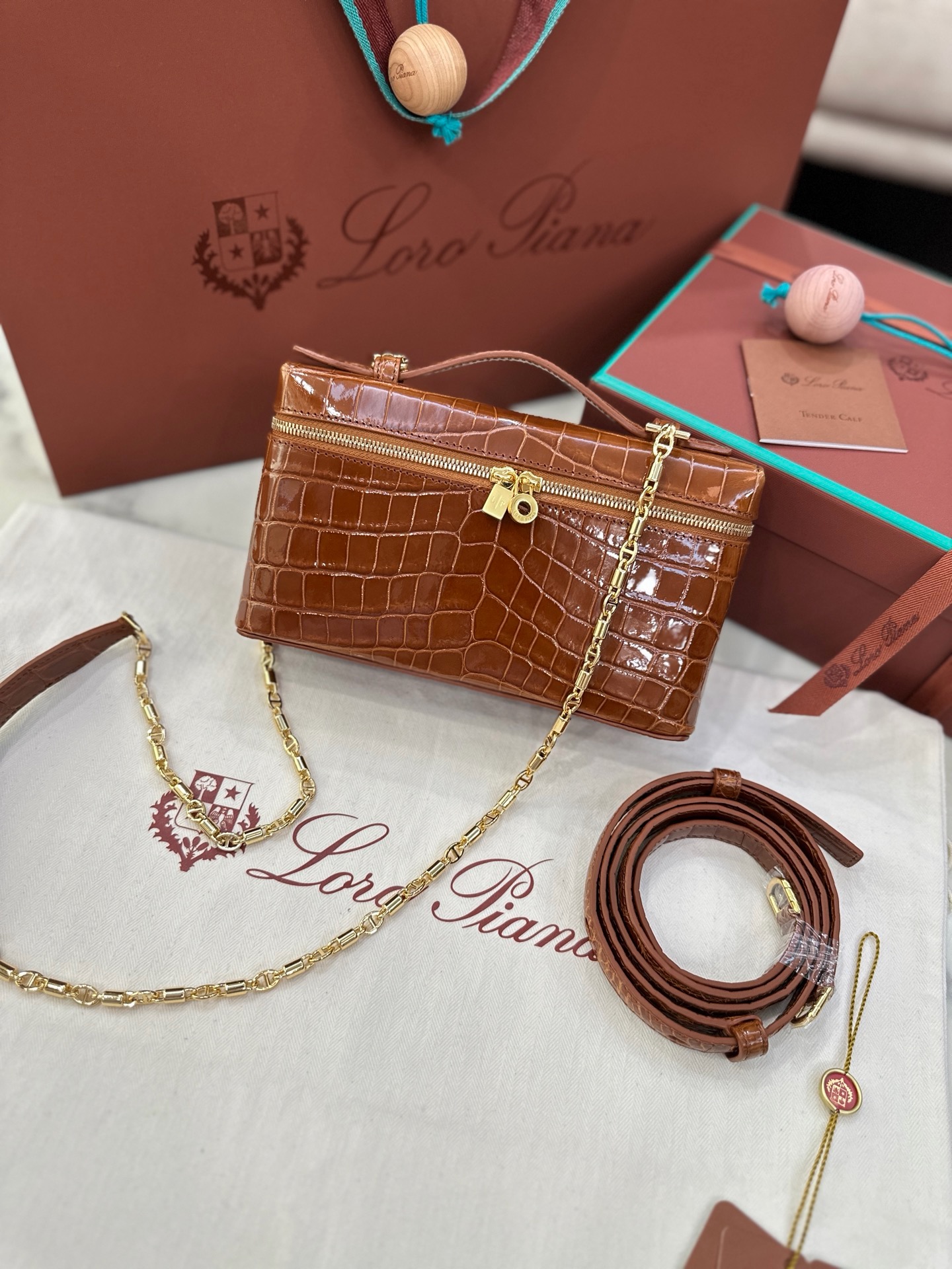 Loro Piana L19 honey brown alligator leather handbag