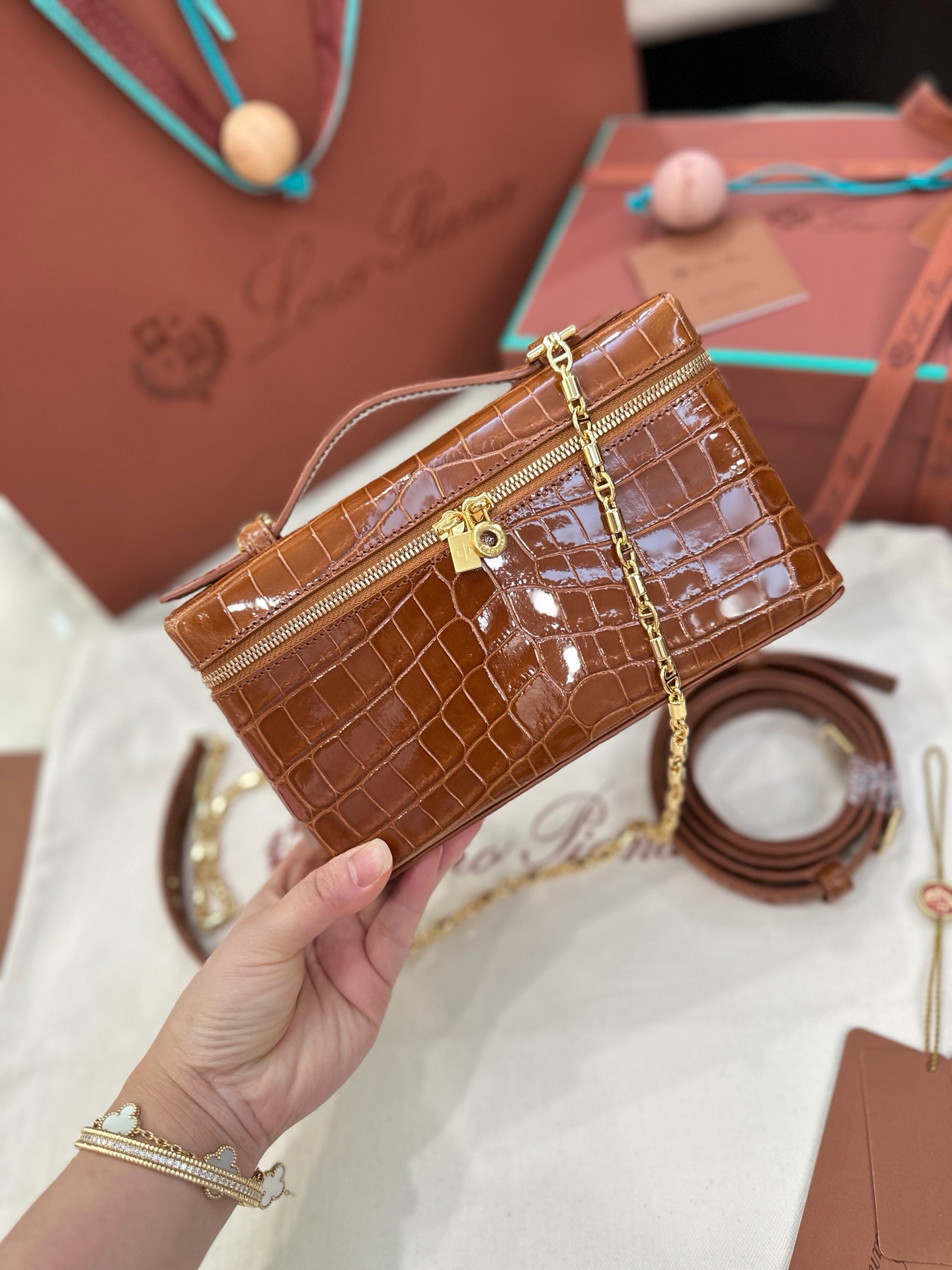 Loro Piana L19 honey brown alligator leather handbag