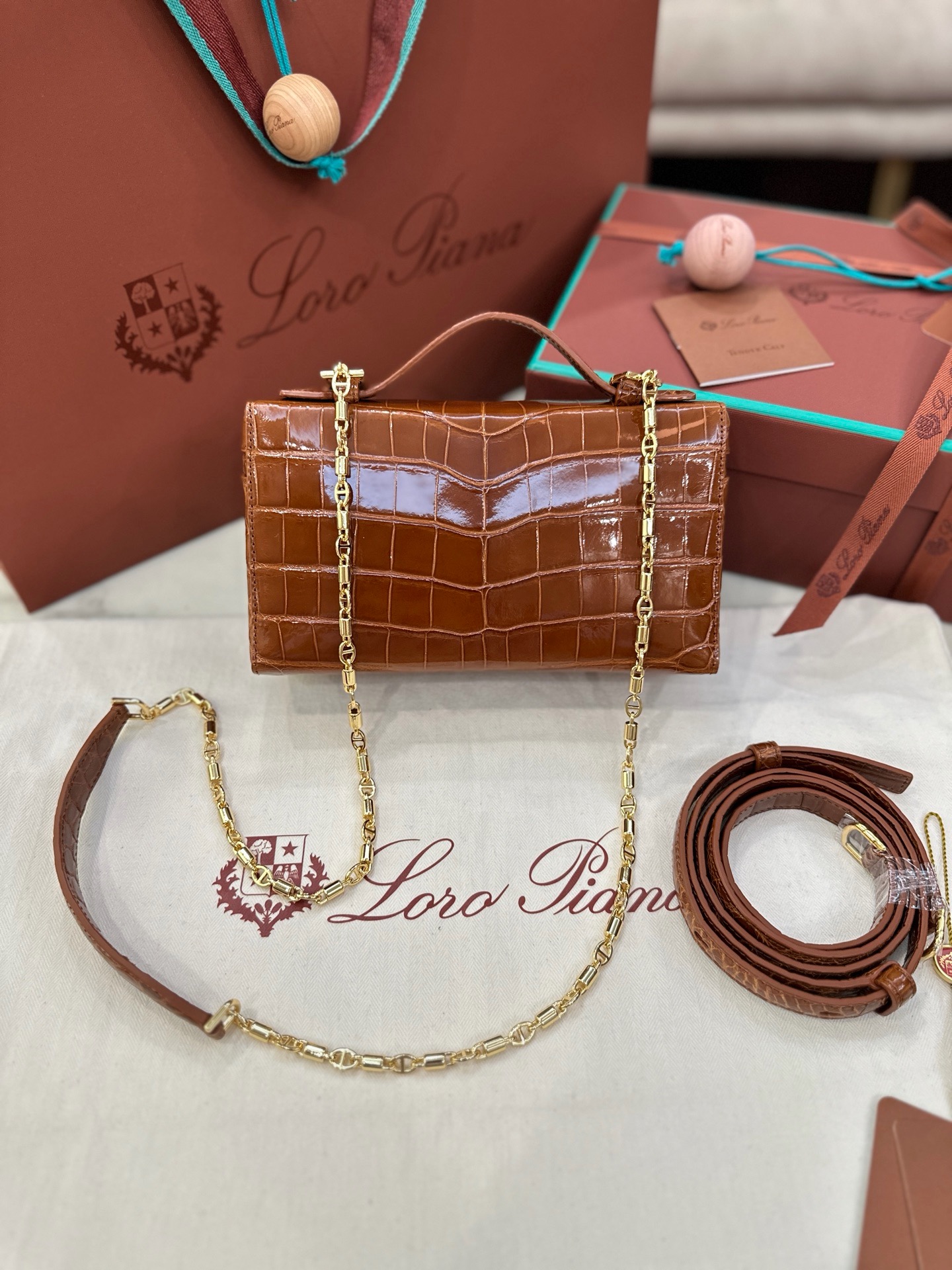 Loro Piana L19 honey brown alligator leather handbag
