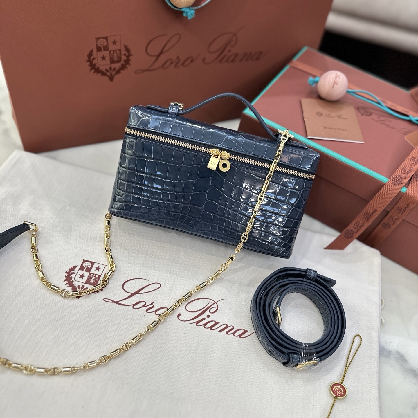 Loro Piana L19 storm blue alligator leather handbag