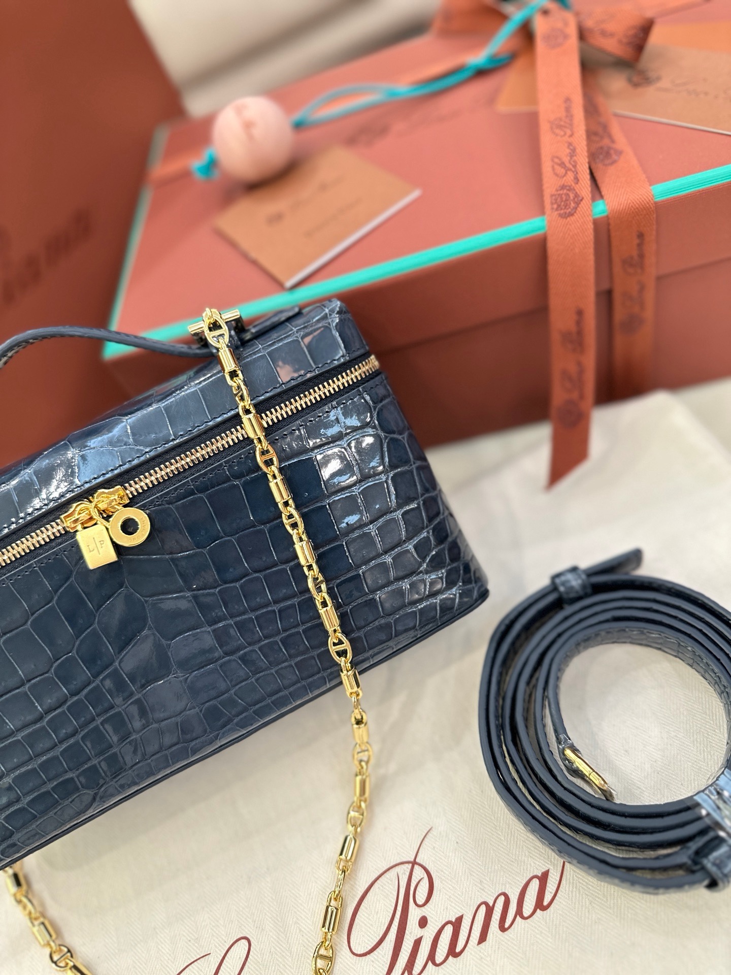 Loro Piana L19 storm blue alligator leather handbag
