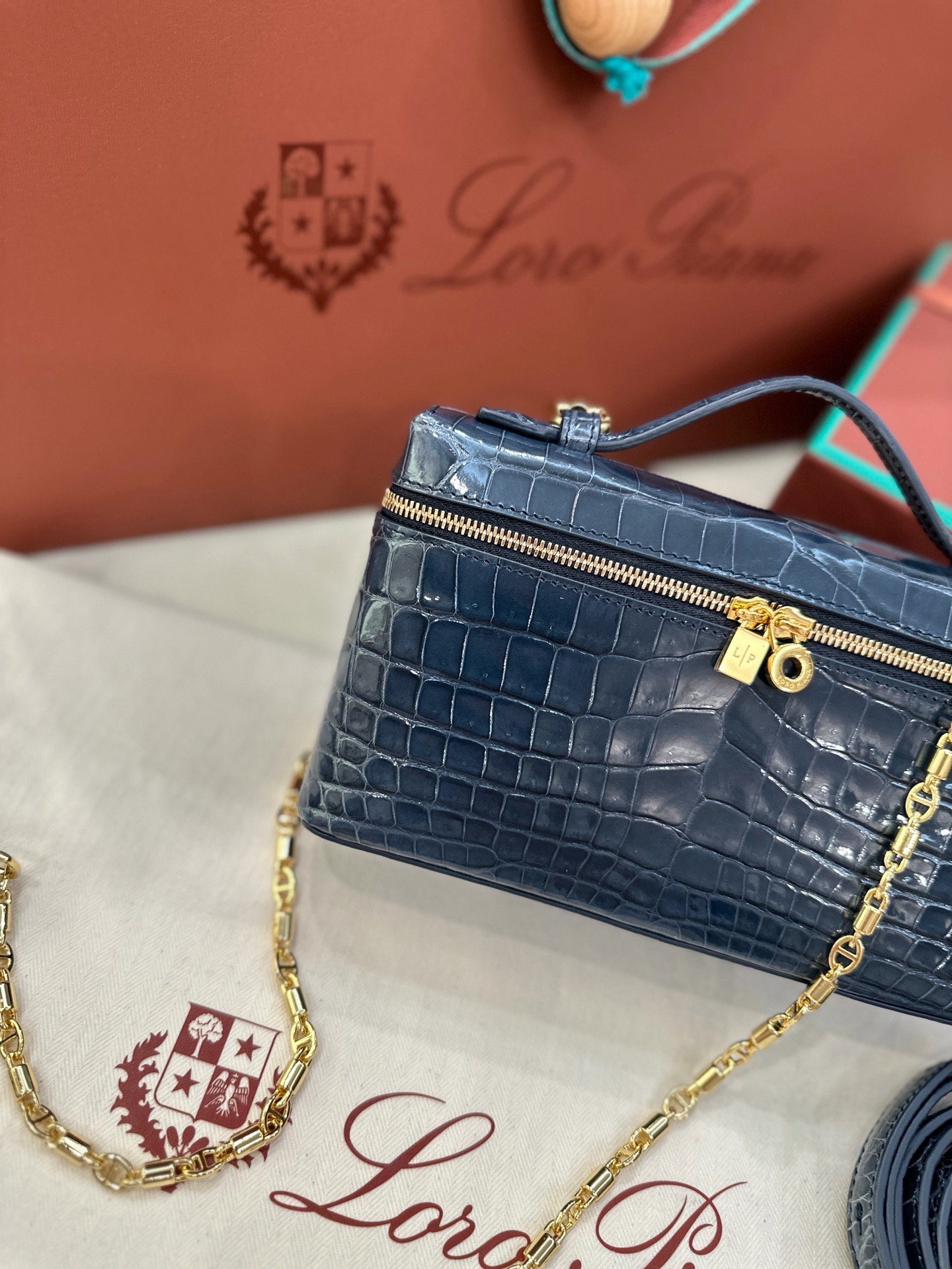 Loro Piana L19 storm blue alligator leather handbag