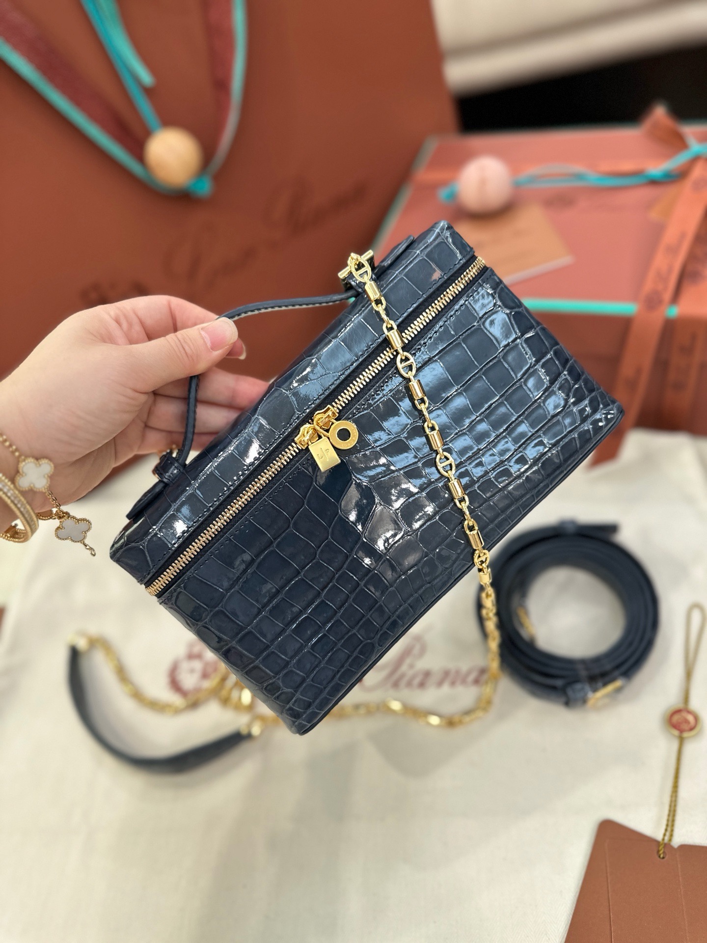 Loro Piana L19 storm blue alligator leather handbag