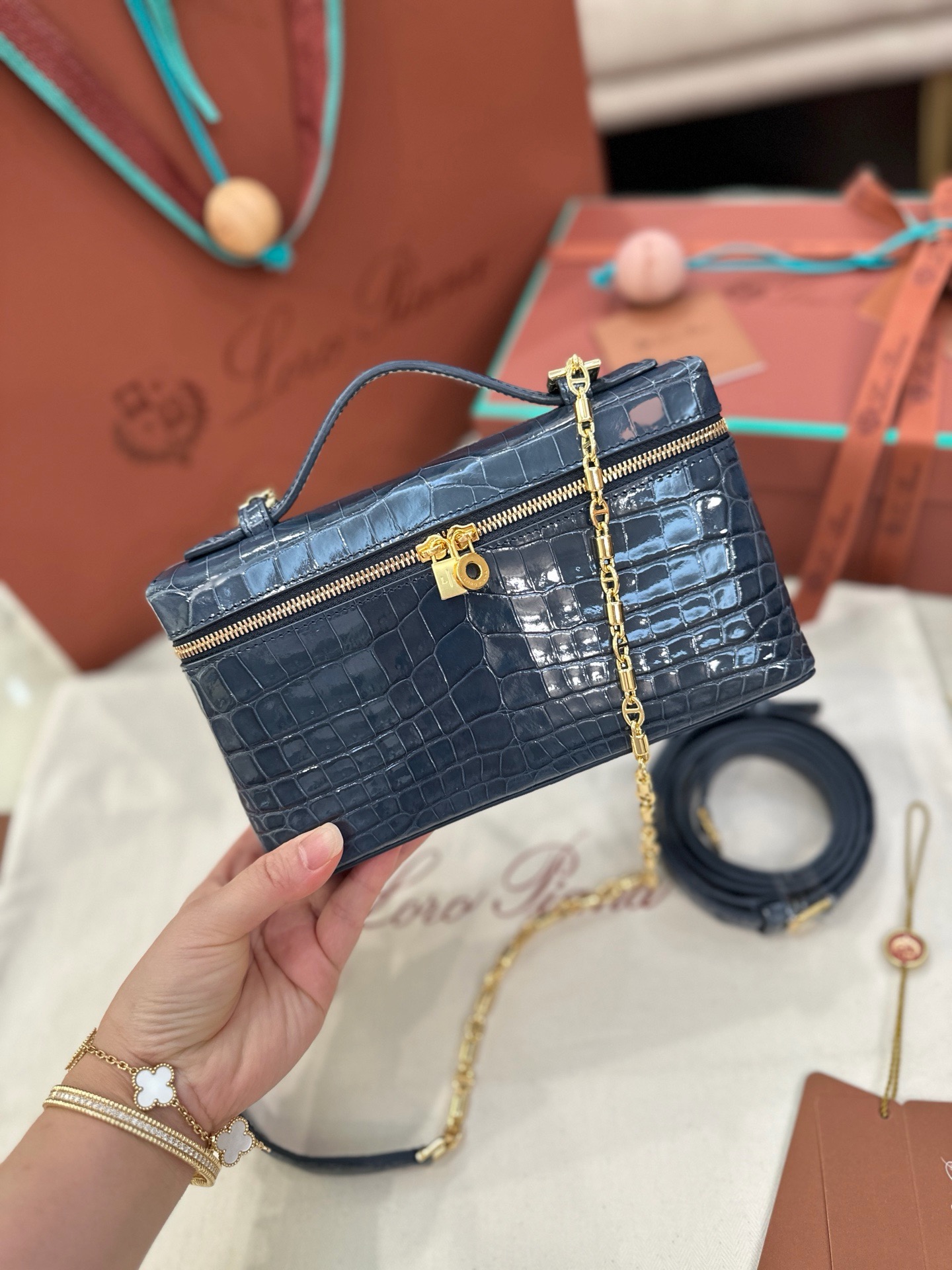 Loro Piana L19 storm blue alligator leather handbag